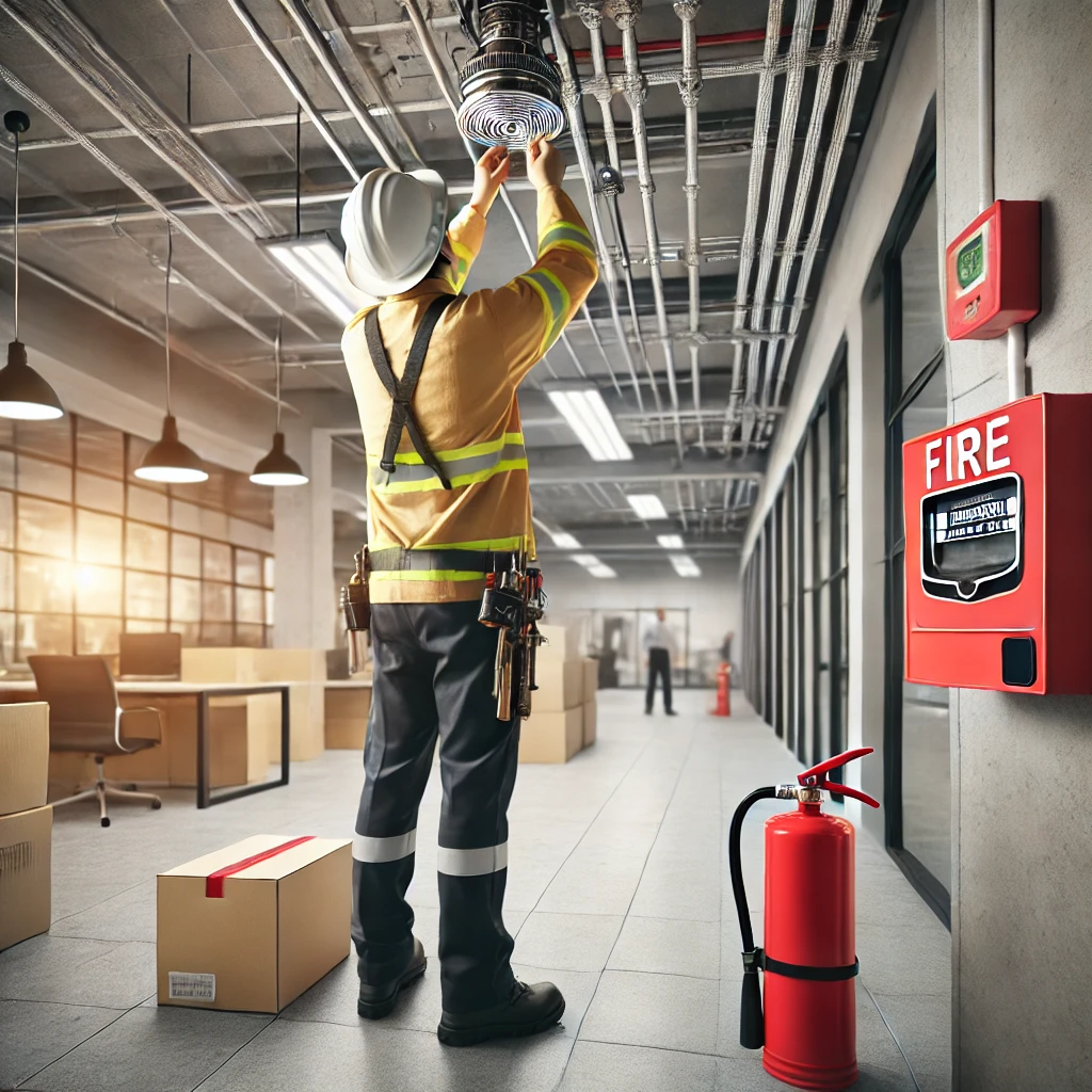 n image showing the installation of a modern fire protection system in a commercial building. It includes fire sprinklers, alarms, and extinguishers, with a construction worker in safety gear.