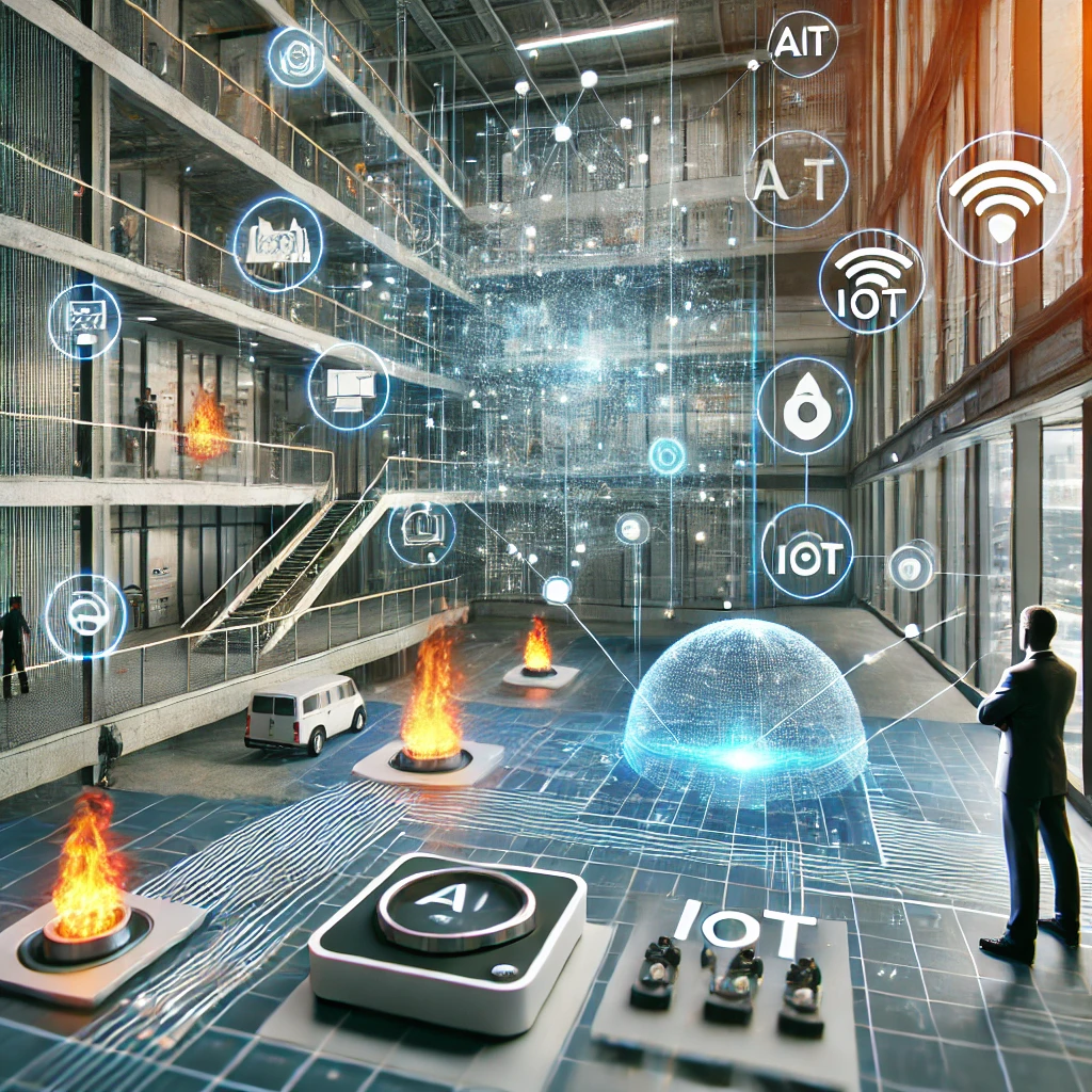 uturistic fire safety engineering setup featuring AI-driven fire detection systems, IoT-connected monitoring devices, and smart fire suppression systems. The scene illustrates advanced technology used in fire protection