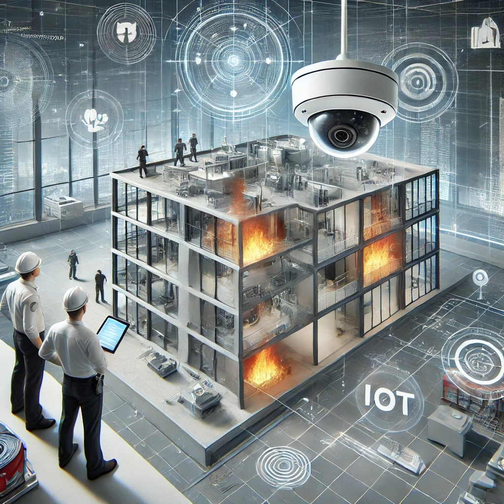 showcasing a high-tech fire safety engineering system with smart detection, suppression, and real-time monitoring.