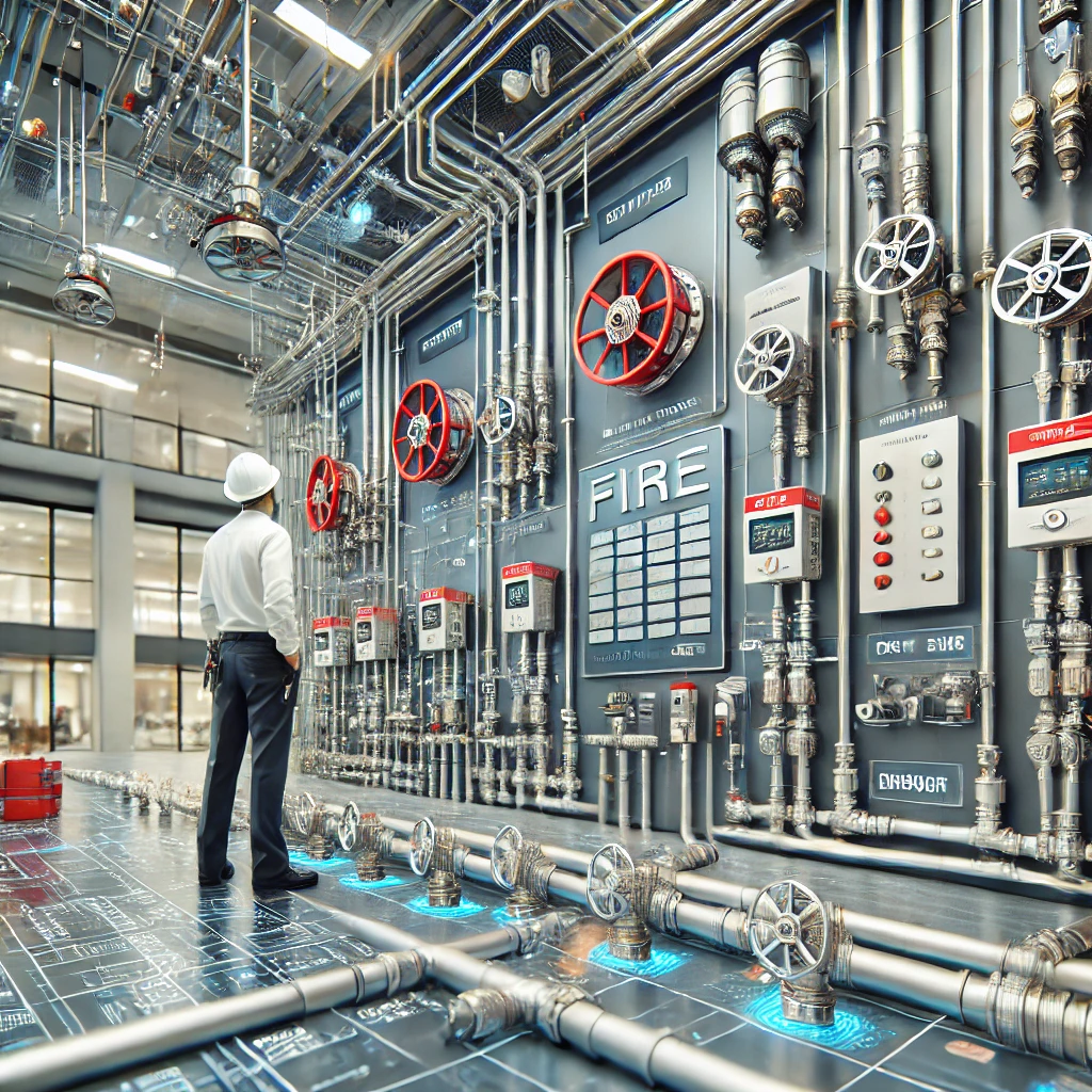 fire sprinkler system installed in a modern commercial building, showcasing the pipes, sprinkler heads, and fire detection sensors, along with a technician performing