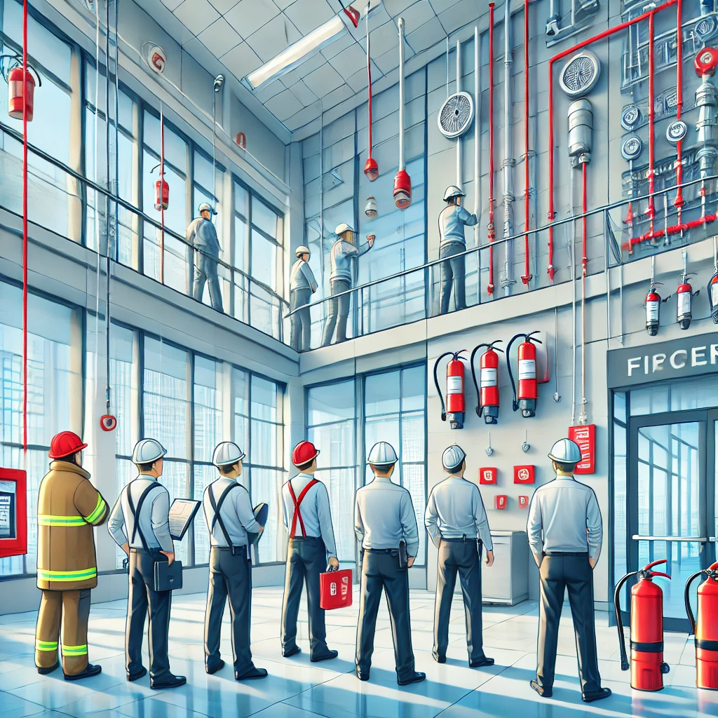 generated image illustrates fire protection contractors at a commercial building site, inspecting and testing fire safety equipment, reflecting professionalism and compliance.