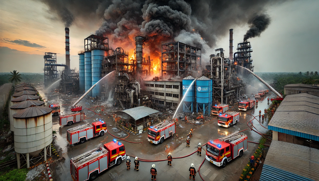 Explore the importance of industrial fire protection with a vivid image showcasing a severe factory fire in India. Discover how SRJ Piping India Pvt Ltd prioritizes advanced fire safety systems to safeguard lives, property, and the environment. Learn more at www.srjpipingindia.com."