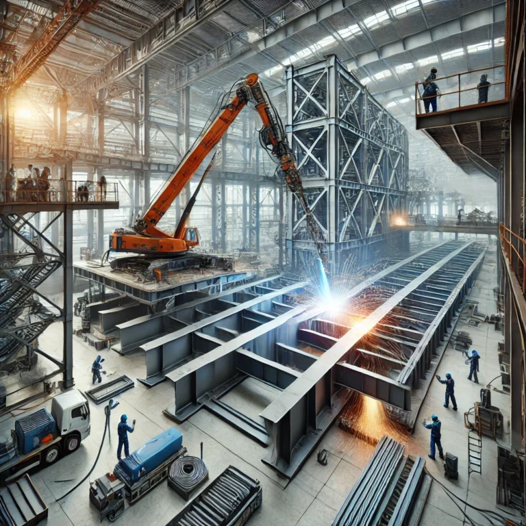 An industrial setting showcasing the heavy structural fabrication process, where large steel beams are being cut, welded, and assembled. Advanced machinery such as plasma cutters and robotic welding systems are in use, with workers actively participating. In the background, the steel framework of a building is under construction, accompanied by cranes and other equipment. The image emphasizes the creation of strong, durable structures in a clean and organized environment.