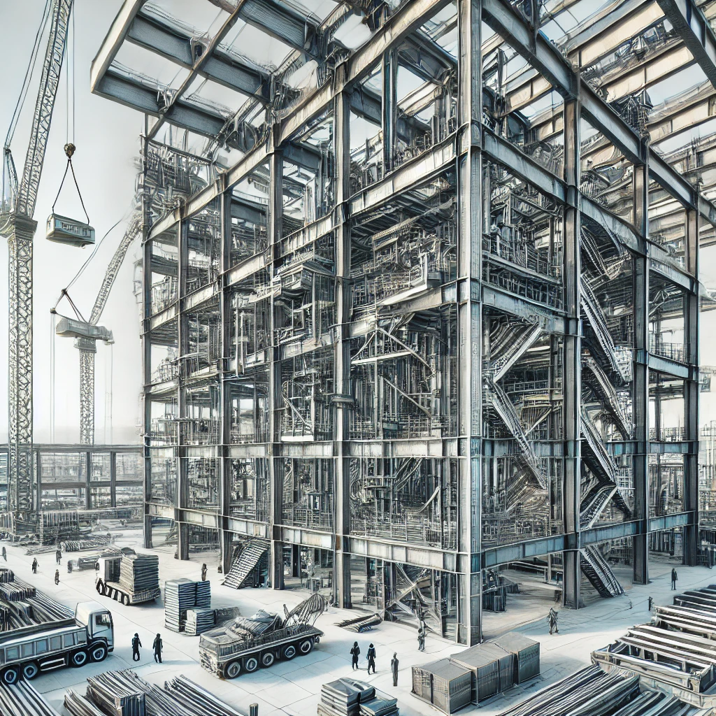 Modern industrial construction site showcasing structural steel frameworks being assembled, highlighting the structural steel fabrication process in large-scale building projects