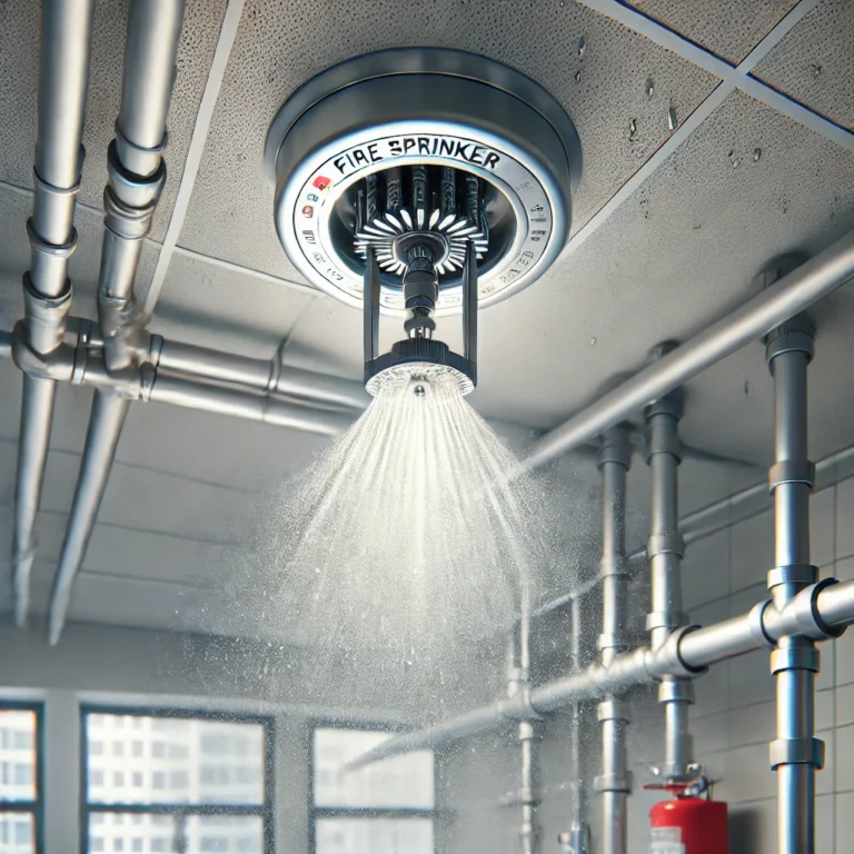 modern fire sprinkler system in action for your blog. It shows the sprinkler activated, releasing water to extinguish a fire. The background includes pipes and valves connected to the system, showcasing a clean and professional setting.