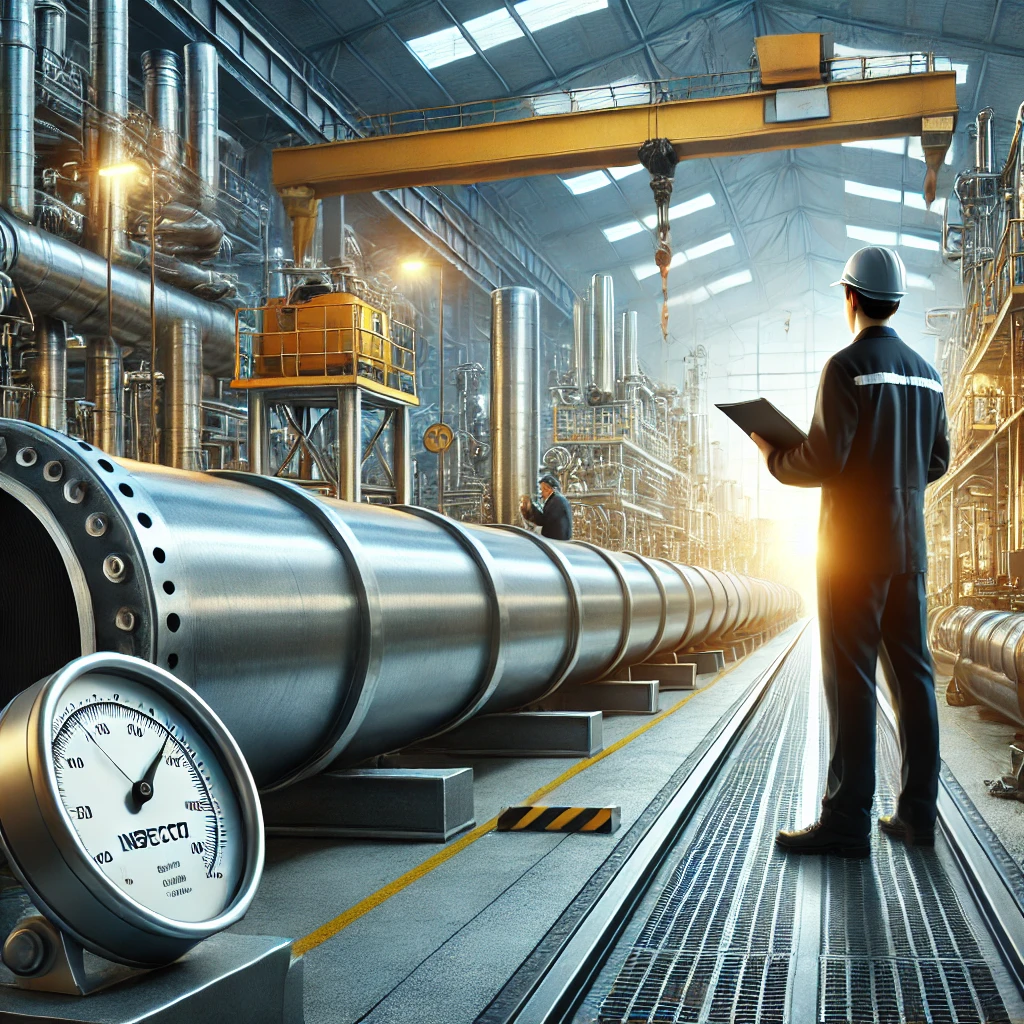 image of an inspector examining large metal pipes in an industrial setting for quality control. It visually represents the importance of maintaining high standards in piping systems for industrial projects.