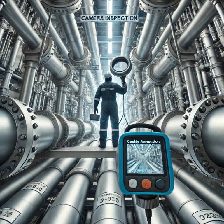 industrial piping system being inspected for quality assurance (QA) and quality control (QC). It includes a worker in safety gear using advanced tools to assess the piping