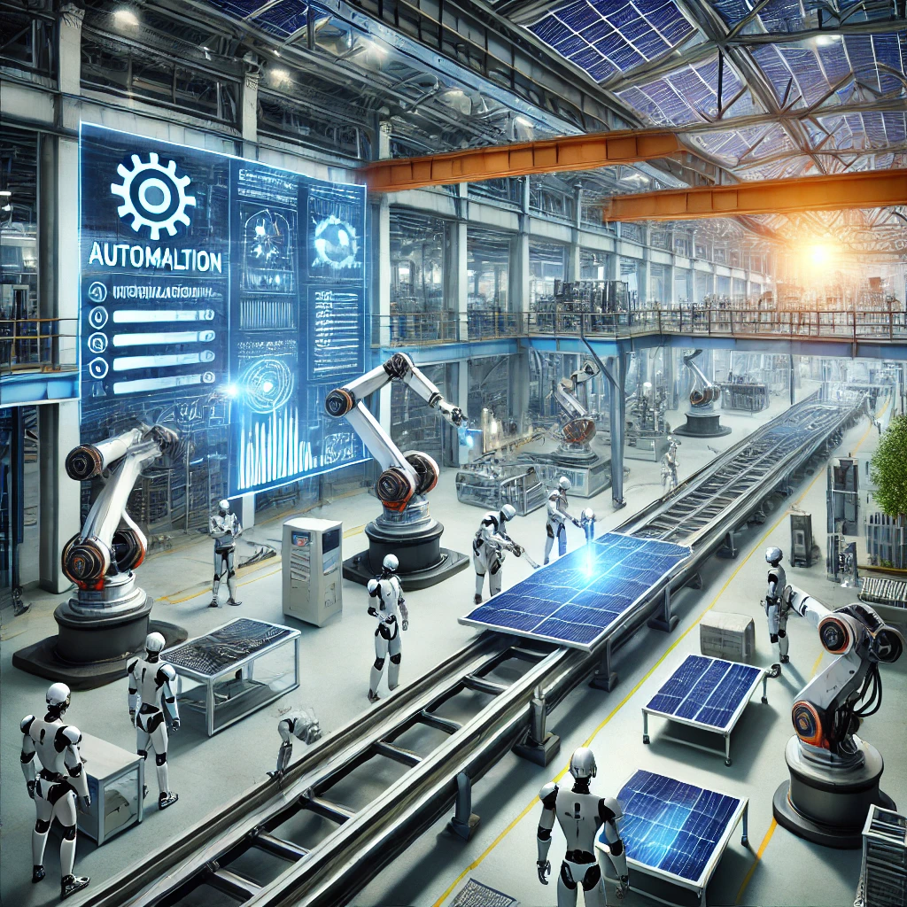 image showcasing a futuristic industrial fabrication facility featuring advanced technologies such as automation, robotics, AI-powered systems, and eco-friendly practices.