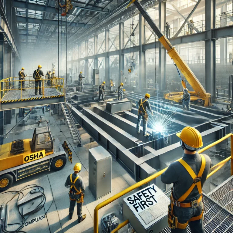 image showing a structural fabrication site, with workers following safety protocols, including protective gear, safety signage, and well-guarded machinery. This image complements the blog on structural fabrication safety standards and highlights the importance of compliance in the industry.