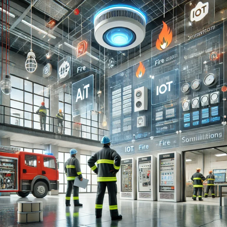 mage representing a modern fire safety engineering setup, featuring advanced technologies such as AI-based control panels, IoT-connected fire alarms, and fire suppression systems.