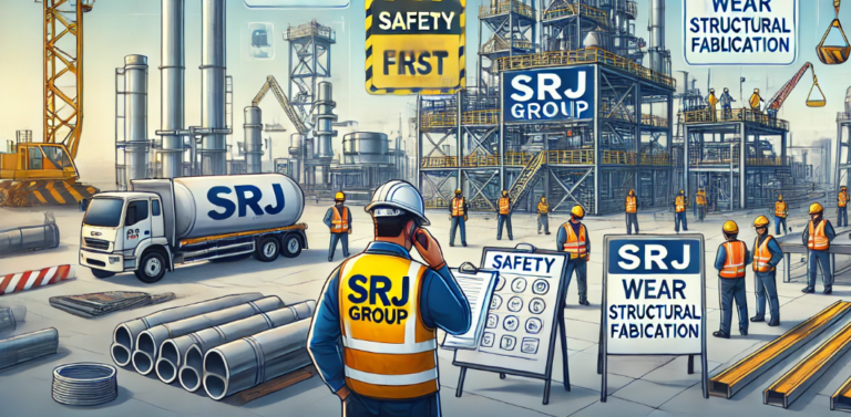 An illustration of a construction site highlighting SRJ Group's safety standards in structural fabrication. Workers wear SRJ-branded safety gear, including hard hats, gloves, and high-visibility vests. Signs like 'Safety First' and 'Wear PPE' are visible. The scene shows steel beams, scaffolding, and a supervisor with an SRJ logo on a clipboard checking compliance. The site is clean and organized, with the SRJ Group logo and tagline subtly integrated into the background, emphasizing the company's commitment to safety and quality."