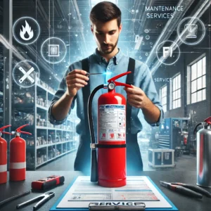 professional technician inspecting a fire extinguisher in a commercial setting, ideal for a website focusing on annual maintenance services for fire extinguishers.