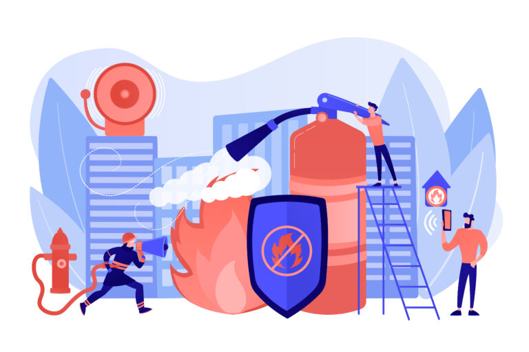 Illustration of fire safety measures including extinguisher setup, fire alarm, and emergency response actions.