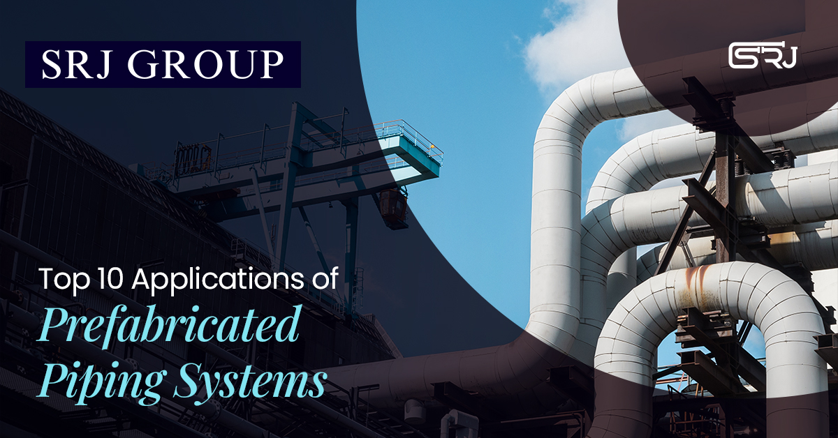 A wide shot of a complex industrial facility featuring large white insulated pipes curving upwards against a blue sky.