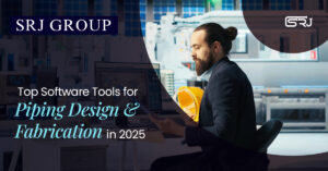 A man with a beard and hair in a bun, wearing a dark jacket, holds a yellow hard hat and looks at a laptop displaying technical designs in a modern industrial or office setting.