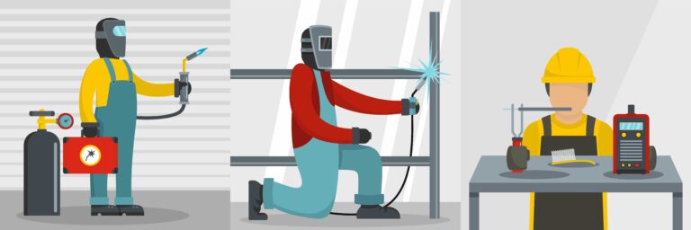 "Vector image showing shielding gas setup, welding in progress, and electrode preparation on a workbench"