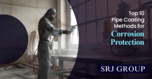 A worker in a full protective suit and respirator uses a spray gun to apply a coating in an industrial facility, with text overlay "Top 10 Pipe Coating Methods for Corrosion Protection" and "SRJ GROUP".