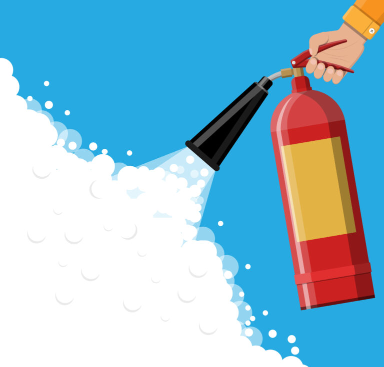 Illustration of a hand using a fire extinguisher to release foam.