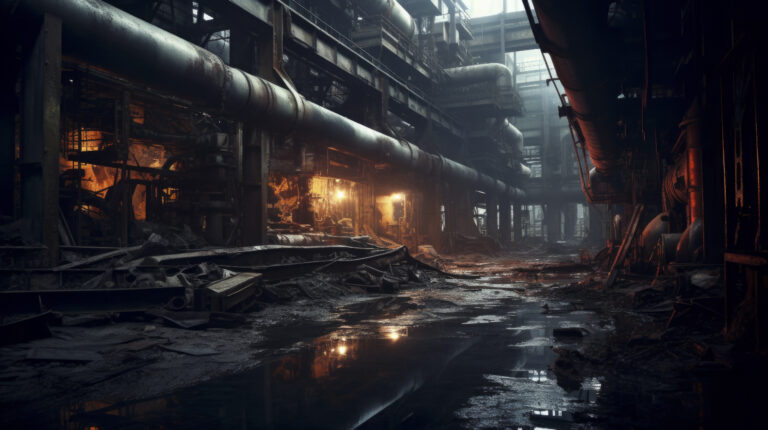 "Abandoned industrial facility with damaged steel structures and dim lighting"