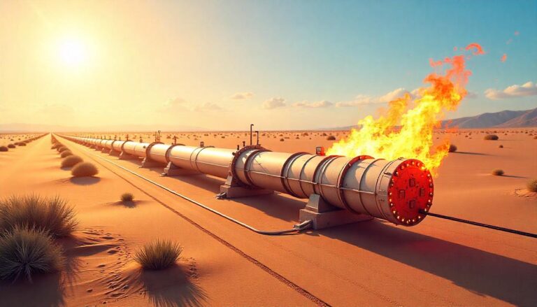 A long industrial pipeline with a section on fire, spewing large orange flames, extends across a vast, sandy desert landscape under a bright, sunny sky.