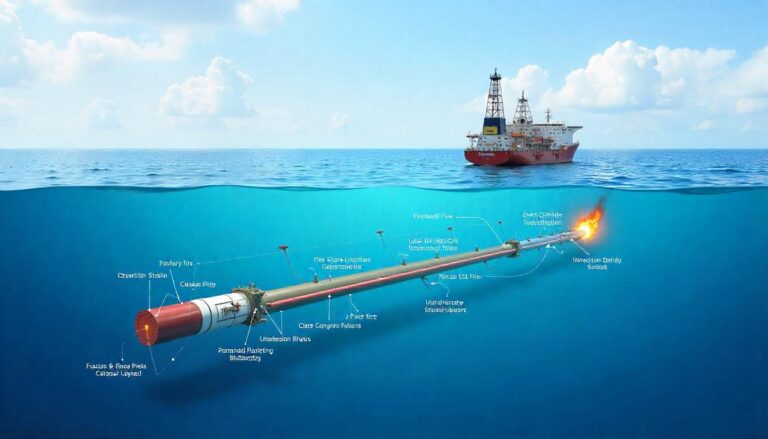 A detailed cutaway diagram illustrates a subsea pipeline with various labeled components and protective layers, extending from an offshore drilling rig on the surface to a section with active flames underwater, against a bright blue sky and ocean backdrop.