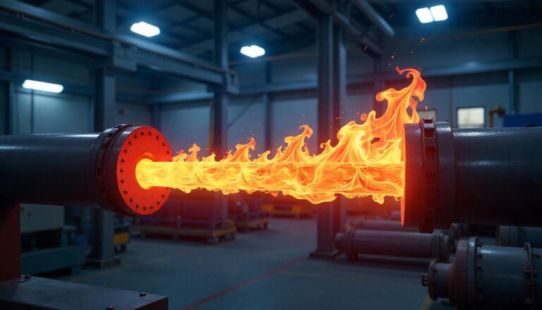 A digitally enhanced image shows a large industrial pipe with orange and red flames bursting out from one section, stretching towards another pipe, all within a dimly lit factory setting.