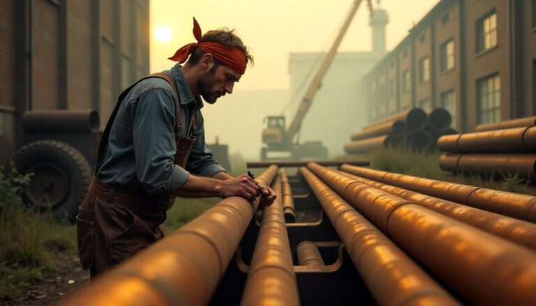 Male construction worker marking steel pipes at an outdoor industrial site during sunset, surrounded by large pipe stacks and construction equipment.