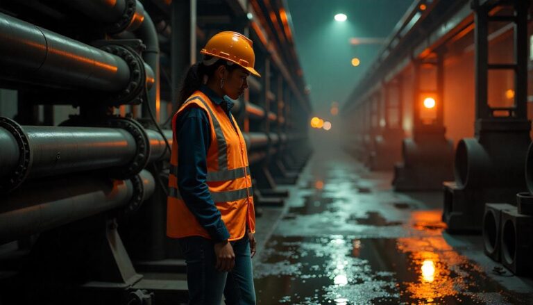 Female industrial worker wearing a hard hat and safety vest inspecting large metal pipes in a dimly lit factory with warm lighting.