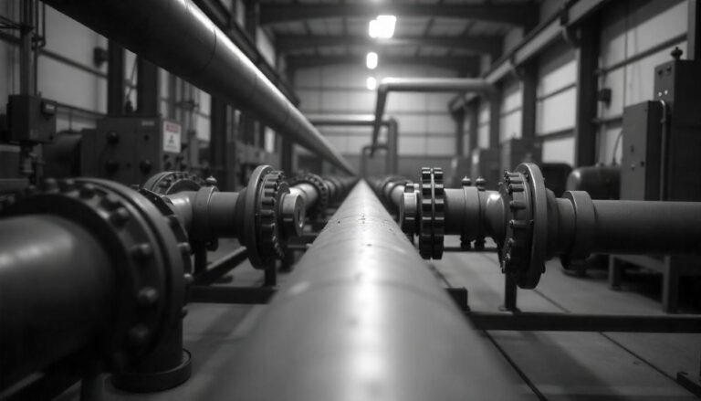 Black and white view of an industrial pipe system in a manufacturing facility, showing multiple bolted flanges in a symmetrical layout.