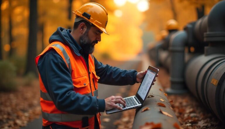 A bearded man wearing an orange safety vest and a yellow hard hat stands next to a large outdoor pipeline, looking down and typing on a laptop, with autumn trees and sunlight in the background.