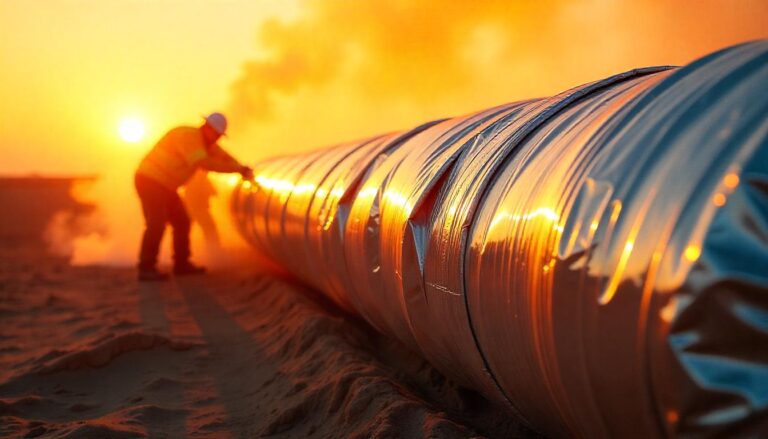 A low-angle outdoor shot focuses on a large, silver-wrapped pipe stretching into the distance, with a blurred worker in protective gear interacting with it under a hazy, orange sunset sky.