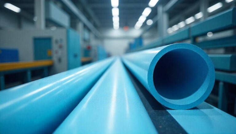 A close-up, low-angle shot shows the end of a blue industrial pipe in focus, with other parallel blue pipes stretching into a blurred factory or warehouse background, lit by overhead lights.