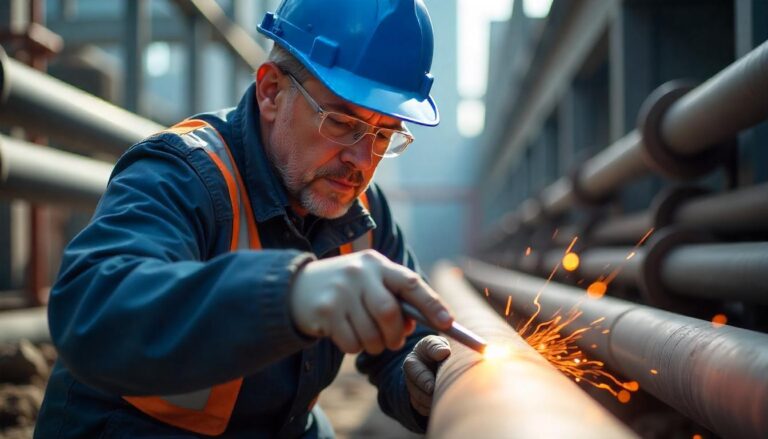 A close-up of a worker wearing a blue hard hat and safety glasses, performing welding on a large pipe, generating a shower of bright orange sparks.