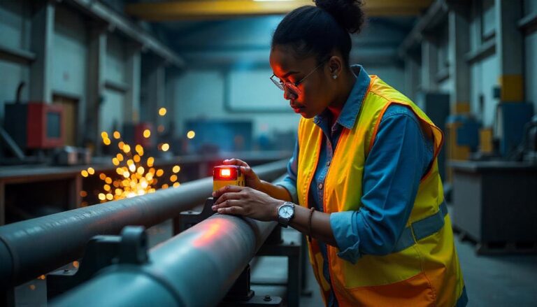 A focused female engineer or technician in a blue shirt and yellow safety vest, wearing glasses, uses a red-glowing inspection device on a metal pipe in an industrial facility, with blurred sparks in the background.
