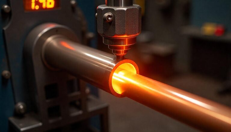 A close-up shows a large industrial machine with a glowing, red-hot metal pipe being processed, likely undergoing a heating or forming operation.