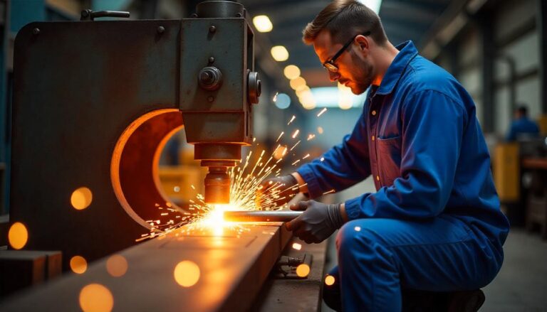 A focused male worker in blue overalls and safety glasses operates heavy machinery, generating a shower of bright orange sparks as he works on a metal component in an industrial setting.