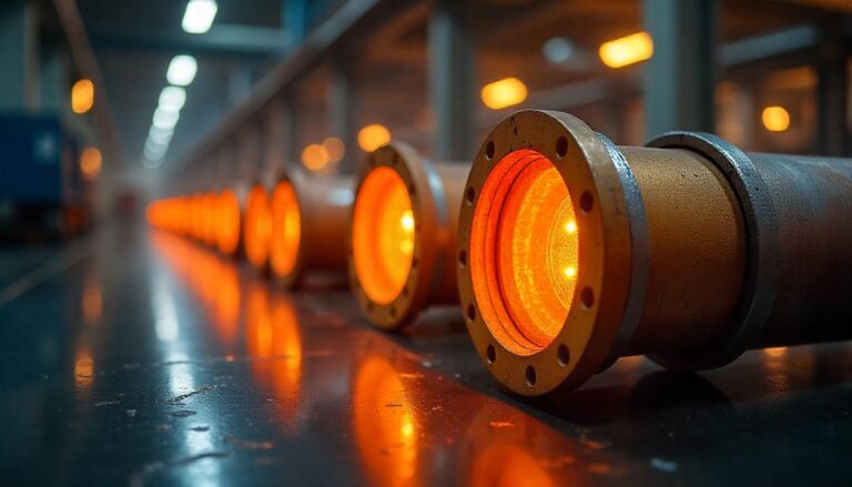 A low-angle, long perspective shot of a row of large, glowing orange industrial pipes or pipe sections with bolted flanges, extending into a dark, blurry background of a factory.