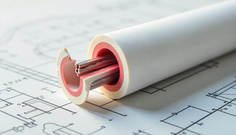 A close-up shot of a white pipe or conduit with a section cut away, revealing pink insulation and several shiny silver wires or cables inside, all resting on a blueprint.
