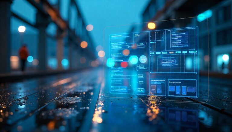 A close-up, low-angle shot of a glowing blue holographic display showing flowcharts and data, reflecting on a wet surface with blurred city lights and a person in the background.