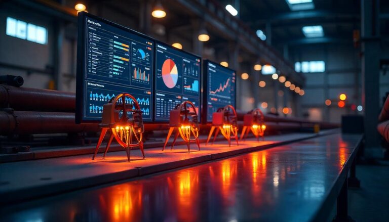 A wide shot of a long table in an industrial setting, featuring multiple computer monitors displaying various data visualizations and charts, with red-glowing equipment in front of them and orange pipes in the background.