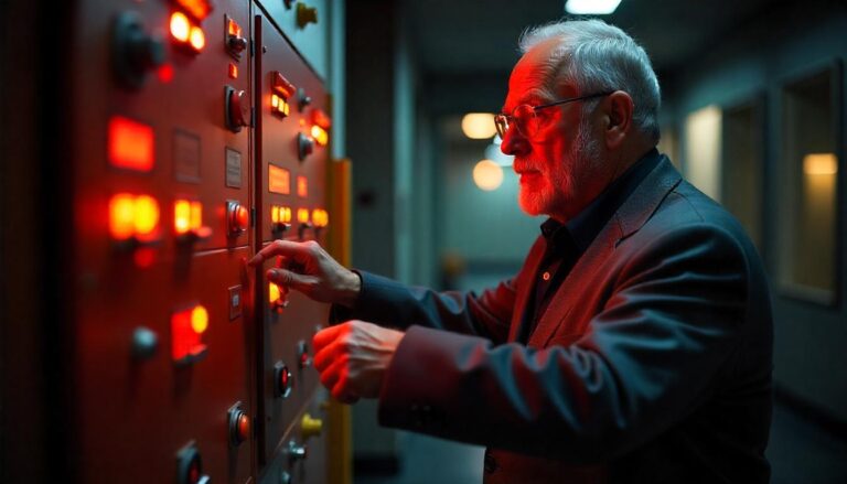 A side profile of an older man with a white beard and glasses, wearing a suit jacket, as he intently presses buttons on a large industrial control panel illuminated with numerous red lights.