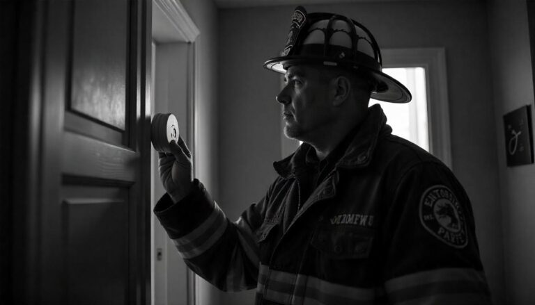 A black and white, candid shot of a firefighter in uniform and helmet, facing right, as he inspects a smoke detector or alarm mounted on a doorframe.