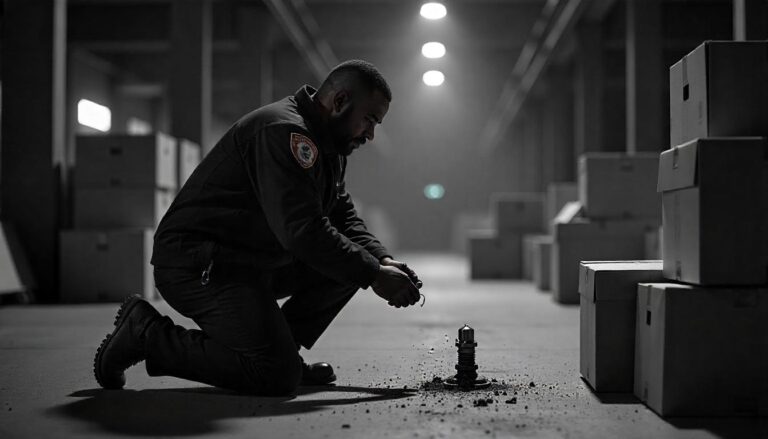 A firefighter or first responder kneels on a dusty floor in a dimly lit warehouse, inspecting a small, dark object with debris around it, with stacks of boxes in the background.