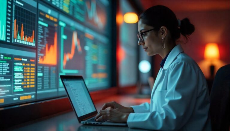 A focused woman in a white lab coat and glasses works on a laptop, with multiple large screens behind her displaying graphs and data in a dimly lit, high-tech control room or data center.