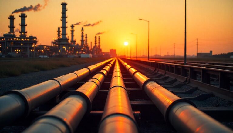 A low-angle wide shot of multiple industrial pipelines stretching into the distance towards a large refinery complex with smoking stacks, all silhouetted against a vibrant orange and yellow sunset.