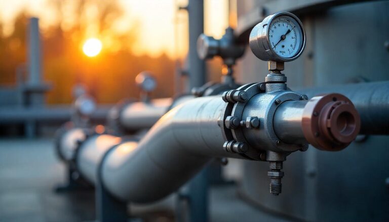 A close-up, shallow depth of field shot of an industrial pipeline with a pressure gauge prominently featured, against a blurred background of a sunset with warm, golden light.