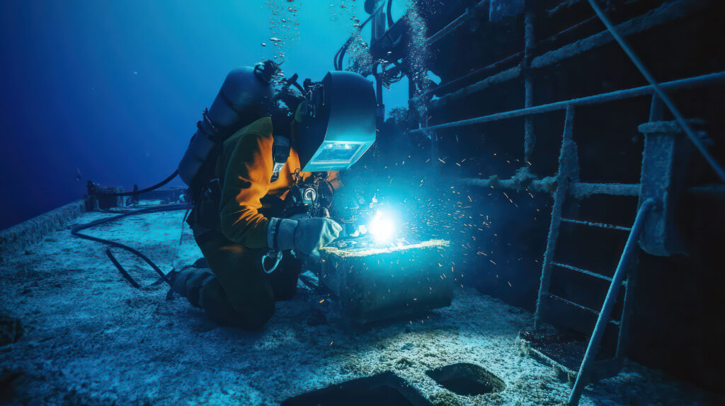 Underwater welder using specialized tools to repair metal structures on the seafloor.