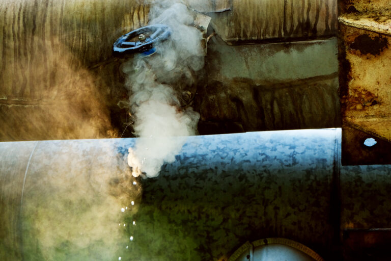 Steam leaking from a corroded industrial pipe, indicating a dangerous failure point in the piping system.