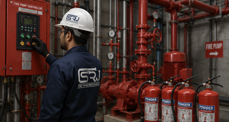 SRJ Piping India engineers reviewing industrial project plans inside a facility with fire protection piping, MEP systems, HVAC ducts, electrical trays, and structural fabrication.