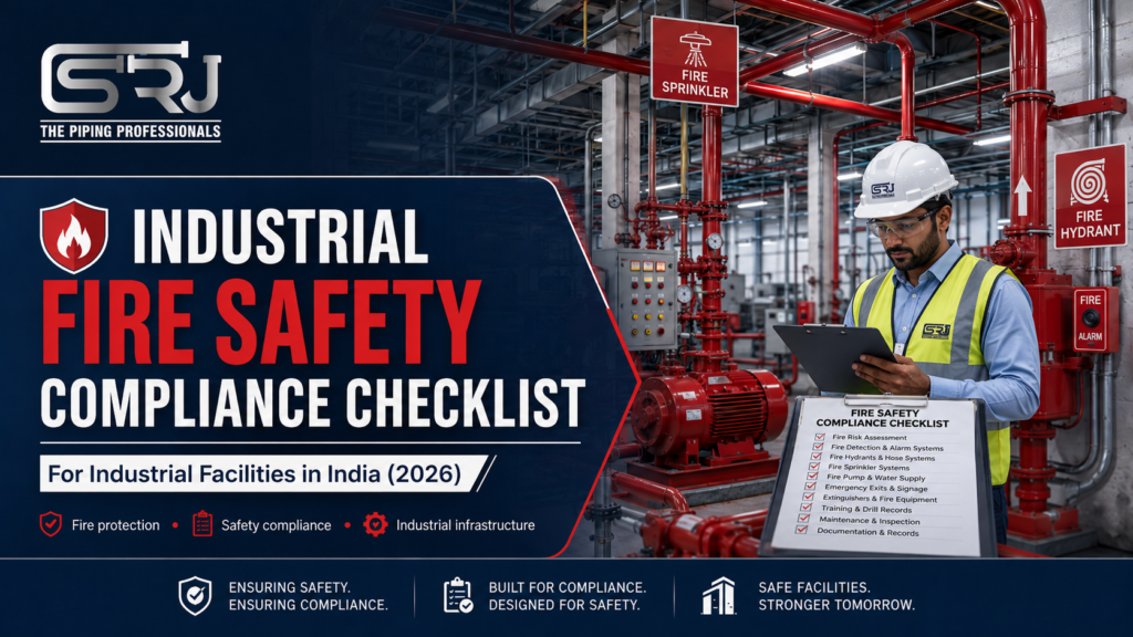 Industrial fire safety compliance checklist graphic showing an SRJ Piping India engineer inspecting fire protection systems, sprinkler piping, hydrants, fire alarms, and safety equipment inside an industrial facility.